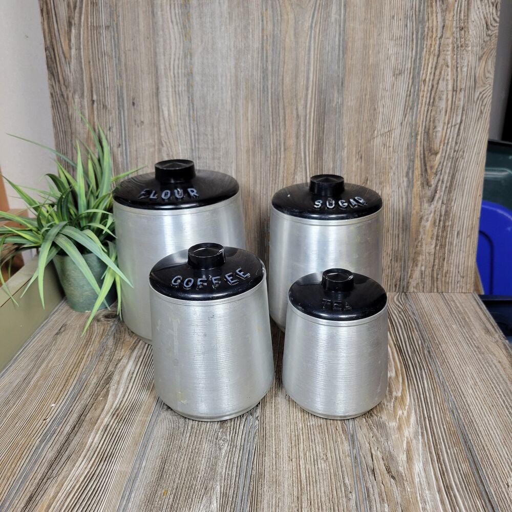 Vintage Kromex Canisters Spun Aluminum, Flour Sugar Coffee Tea MCM Set of 4